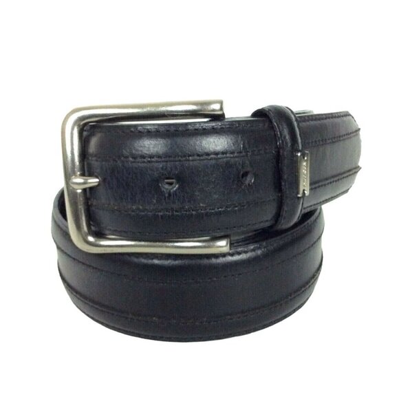 Tommy Hilfiger Mens Belt Size 38 Black Bonded Leather Topstitched Nickel Buckle - Picture 1 of 4